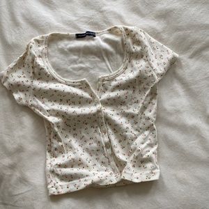 Brandy Melville cream and pink floral button-up t-shirt